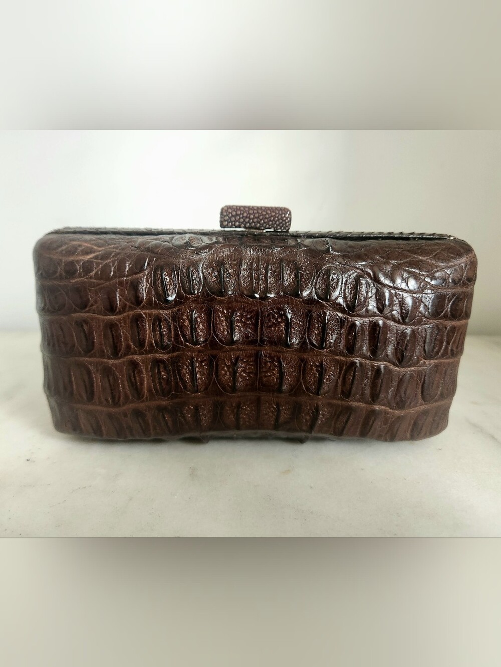 Brown Croc-Embossed Leather Snakeskin Make Up Case Clutch - Picture 9 of 10